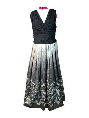 Ignite Evening Black Pewter Black Ruched Waist V-Neck Formal Dress Plus Size 20W